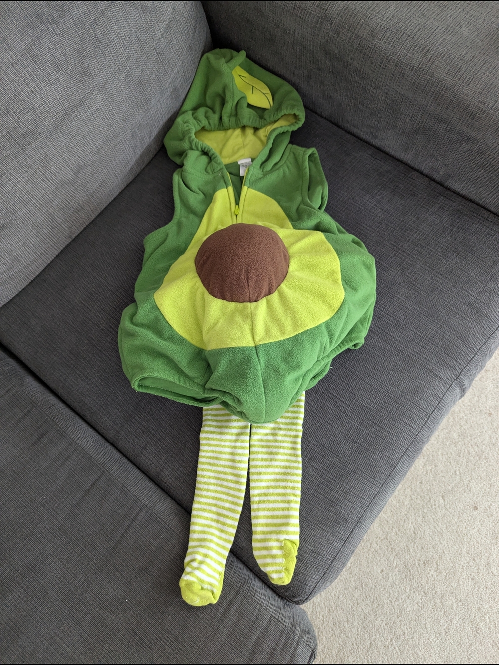 Green Avocado Costume Romper with Striped Tights